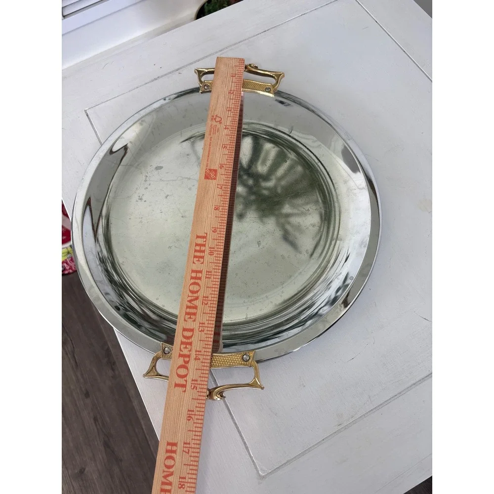 Vintage 60's Kromex Chrome Round Serving Tray Gold Handles MCM USA